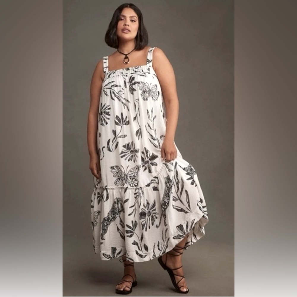 NWT Anthropologie Square-Neck Waistless Hawaiian Floral Midi Pocket Dress